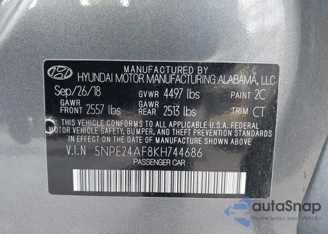 2019 Hyundai Sonata Se z USA, uszkodzony, nr VIN 5NPE24AF8KH744686